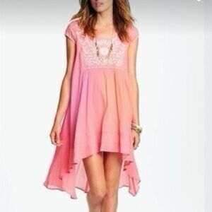 Free people coral/ Pink High-Low Tunic Dress with Embroidery